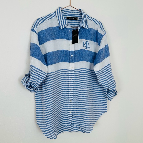 New Ralph Lauren Linen Button Down Striped oversized Shirt poplin - Picture 5 of 8